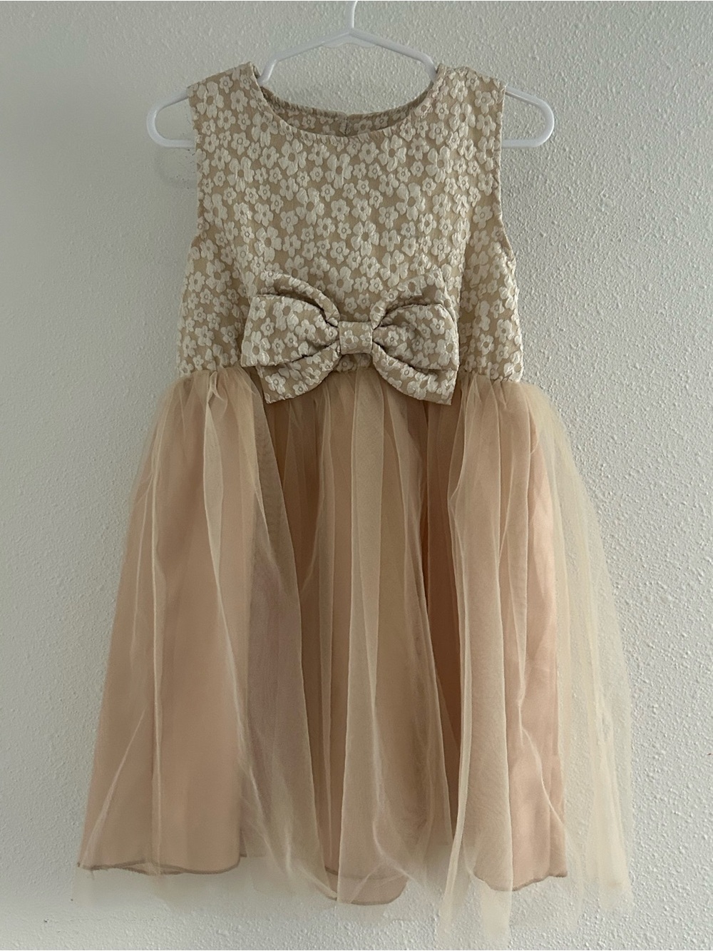 SHEIN Cream Lace Bodice & Tan Tulle Bow Party Dress